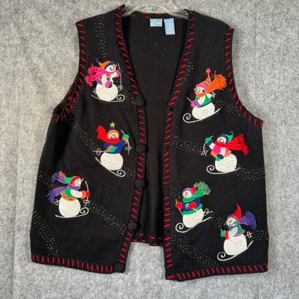 Vtg Christmas Sweater Vest Womens 1X Black Skiing Snowman Holiday Editions